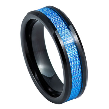 6mm Black IP Plated Ring with Imitation Bamboo Grain Fiber Inlay