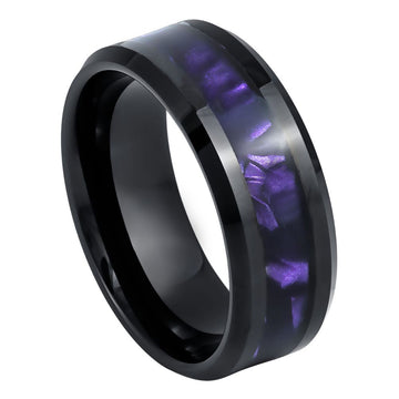 Black IP Plated Ring with Faux Purple Tiger Cowrie Inlay, 8mm
