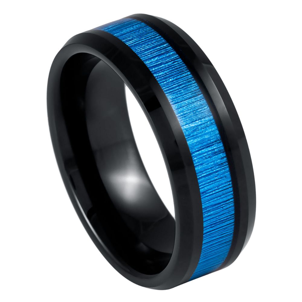 Black IP Plated Faux Bamboo Grain Fiber Inlay Ring - 8mm