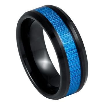 Black IP Plated Faux Bamboo Grain Fiber Inlay Ring - 8mm