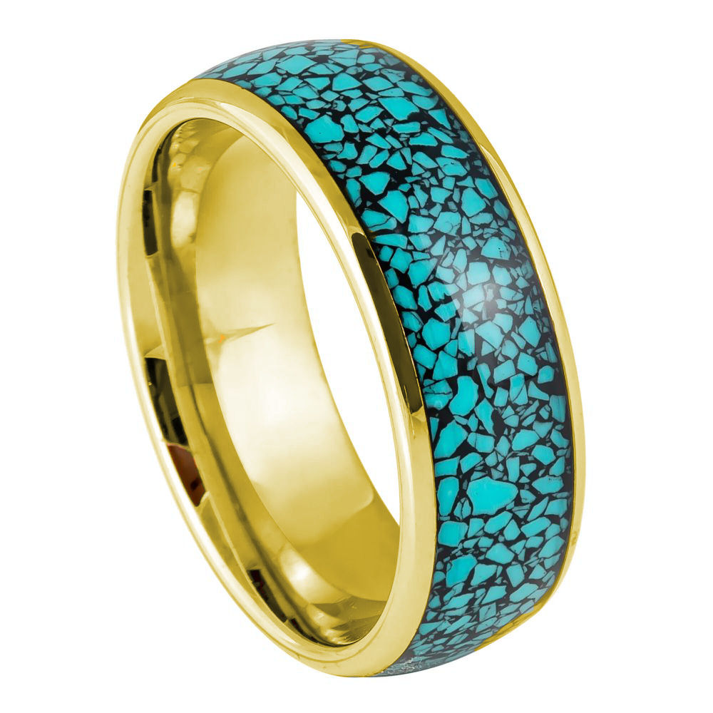 Domed Yellow Gold IP Plated Crushed Blue Turquoise Inlay Ring – 8mm