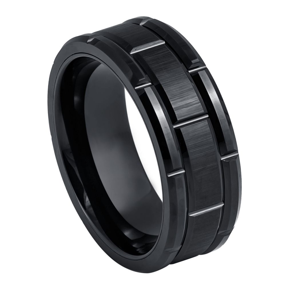 Black IP Plated Brick Pattern Ring – 8mm