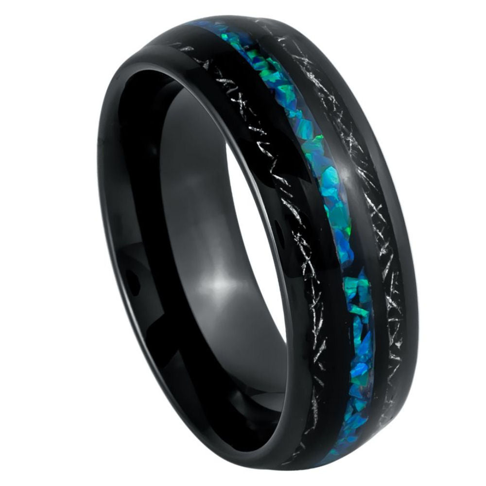 Dome Black IP Plated Titanium Ring with Shavings & Opal Inlay - 8mm