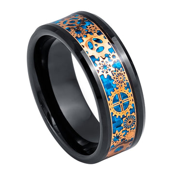 Black & Rose Gold IP Plated Steampunk Gear Ring with Blue Carbon Fiber Inlay – 8mm