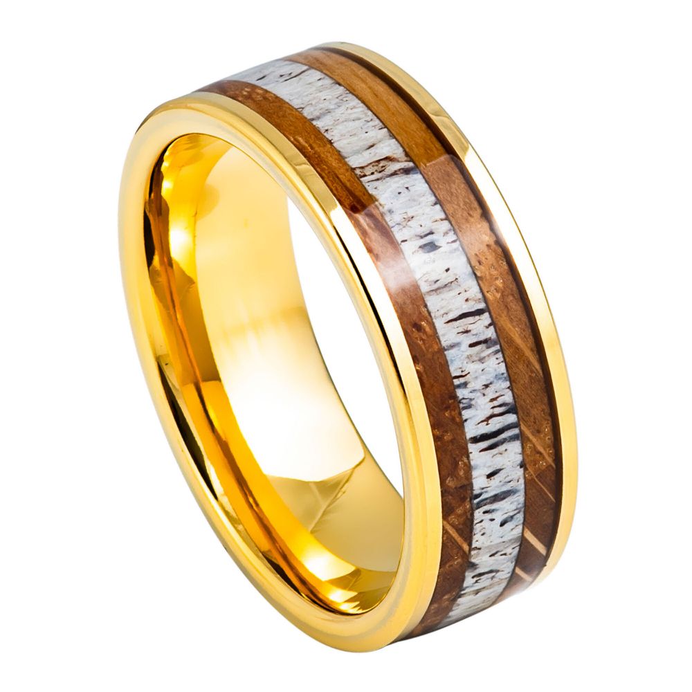 8mm Yellow Gold IP Plated Whiskey Barrel & Deer Antler Inlay Ring