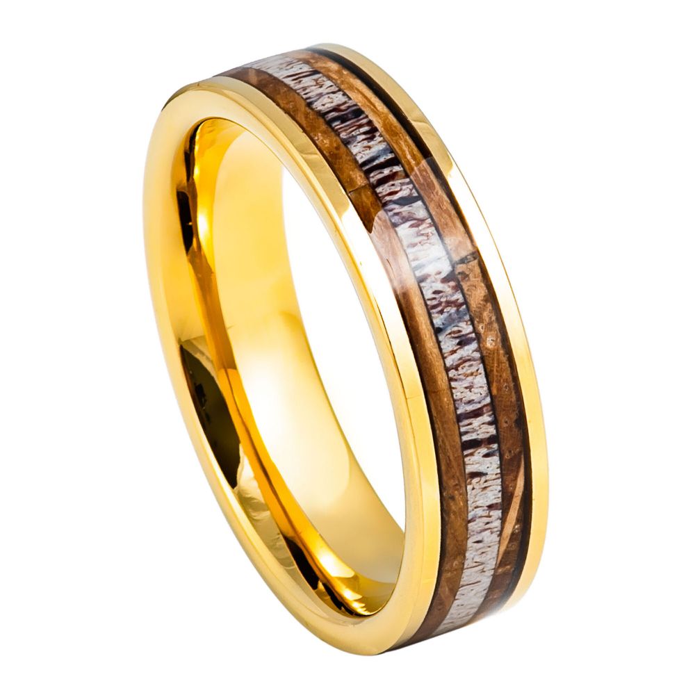 Yellow Gold IP Plated Whiskey Barrel & Deer Antler Inlay Ring – 6mm