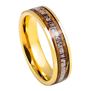 Yellow Gold IP Plated Whiskey Barrel & Deer Antler Inlay Ring – 6mm