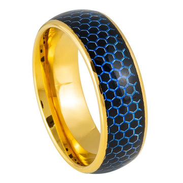 Domed Yellow Gold IP Plated Blue Honeycomb Cutout Ring – 8mm