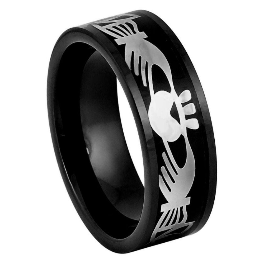 Black IP Plated Cut-Out Claddagh Inlay Ring – 8mm