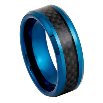 Blue IP Plated Beveled Edge Black Carbon Fiber Inlay Ring – 8mm