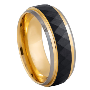 8mm Diamond Faceted Black & Yellow IP Beveled Ring