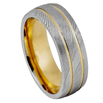 Double Groove Damascus Yellow Gold Plated Ring – 8mm
