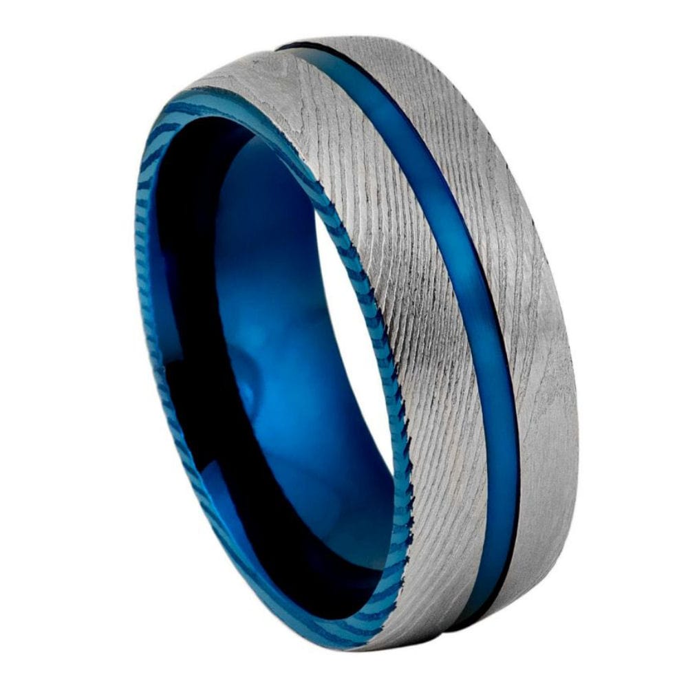 Grooved Damascus Steel Ring with Blue IP Plating – 8mm