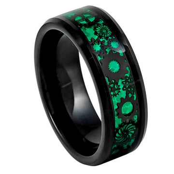 Black IP Plated Steampunk Gear Ring with Green Carbon Fiber Inlay - 8mm