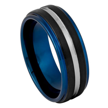 Black & Blue IP Plated Silver Groove Center Ring – 8mm