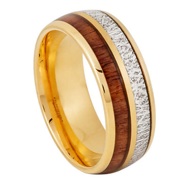 8mm Yellow Gold IP Koa and Imitation Meteorite Inlay Ring