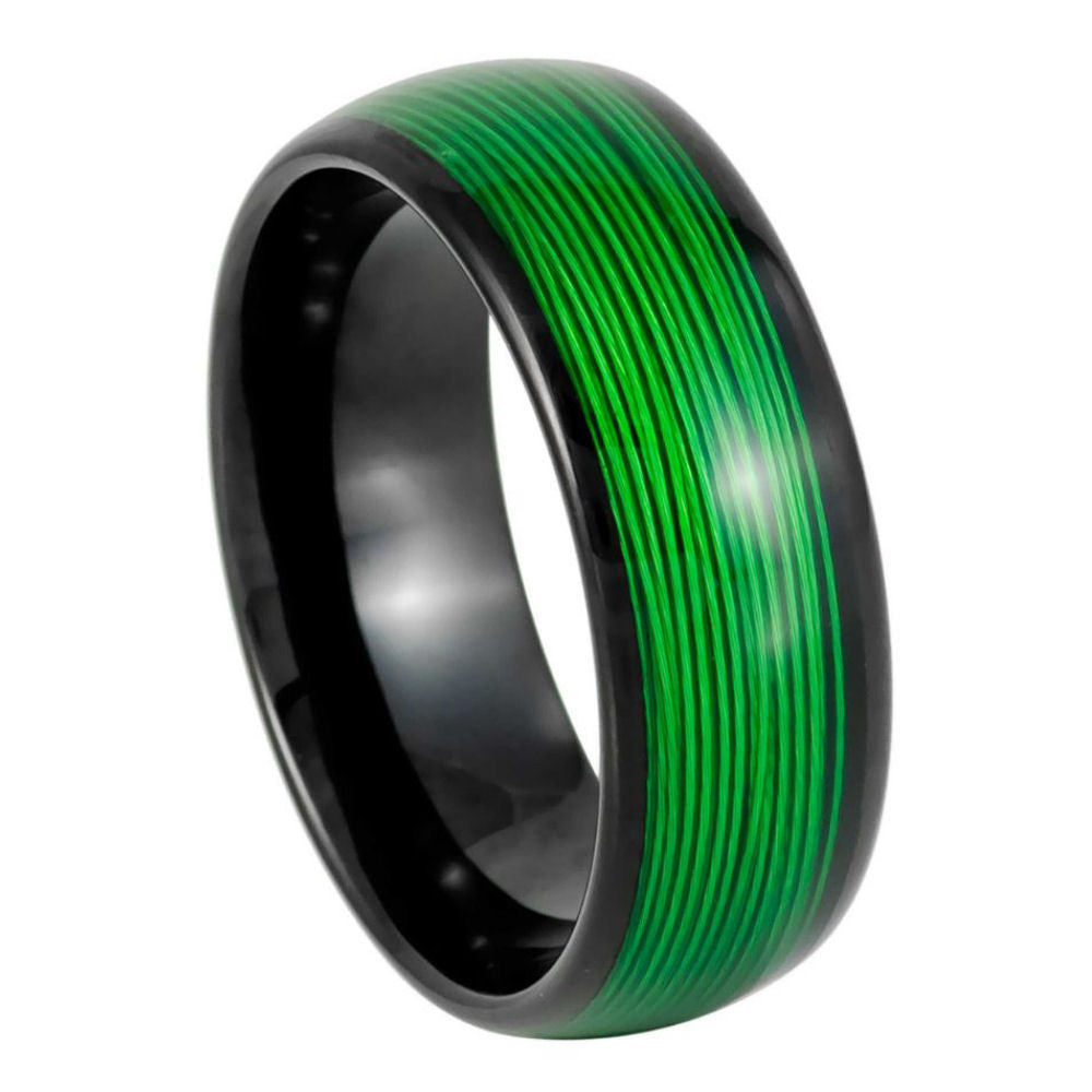 8mm Domed Black IP Plated Ring with Rolled Green Wire Inlay