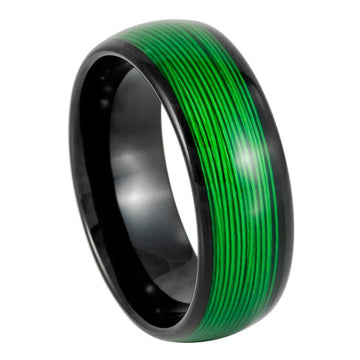 8mm Domed Black IP Plated Ring with Rolled Green Wire Inlay