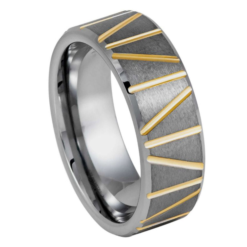 Black IP Plated Yellow Gold Diagonal Grooves Ring – 8mm