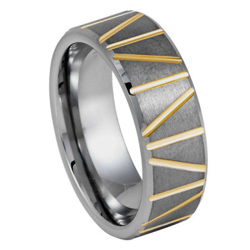 Black IP Plated Yellow Gold Diagonal Grooves Ring – 8mm