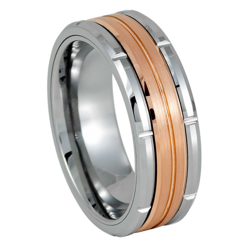 Two-Tone Rose Gold IP Grooved Ring – 8mm