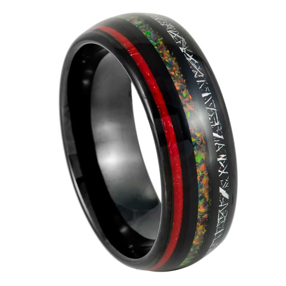 8mm Red & Black Inlay Ring with Synthetic Opal and Meteorite-Style Design