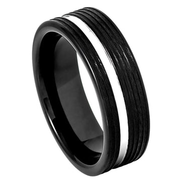 Black IP Plated Pipe-Cut Grooved Ring with Silver Center – 8mm