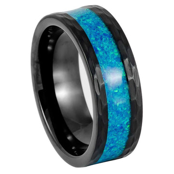 Black IP Etched Ring with Blue Synthetic Opal Inlay, 8mm