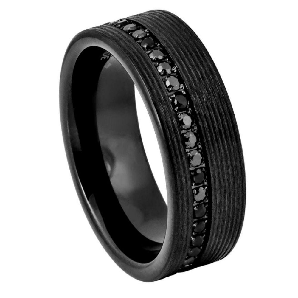 Black IP Plated Pipe-Cut Grooved Black CZ Eternity Ring - 8mm