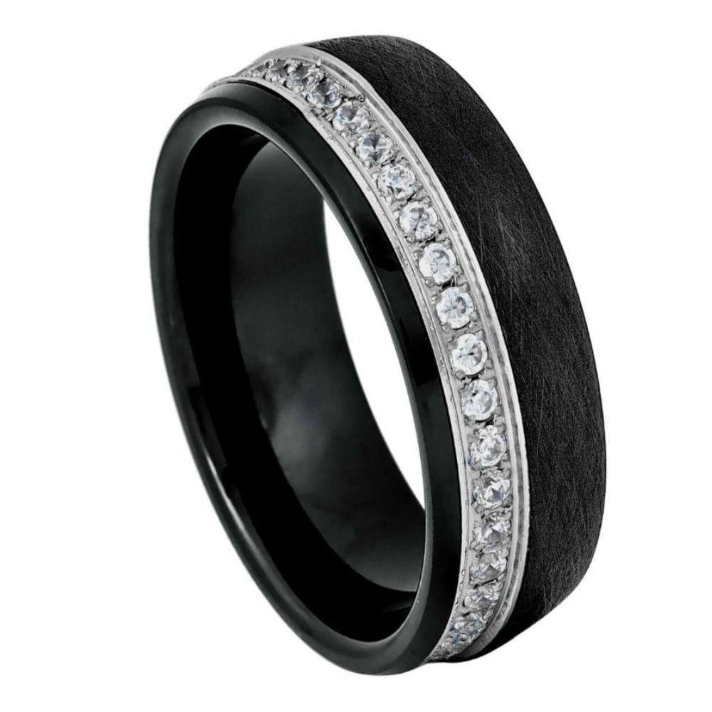 Black IP Brushed White CZ Eternity Ring – 8mm