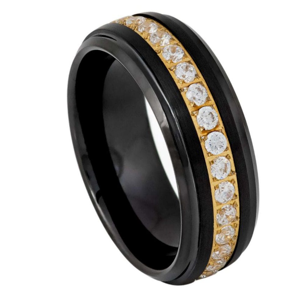 8mm Black IP White CZ Eternity Ring with Yellow Gold Center