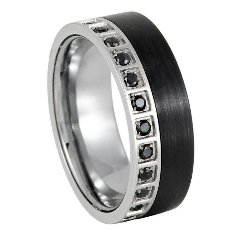 Black IP Plated Brushed & White CZ Eternity Ring – 8mm