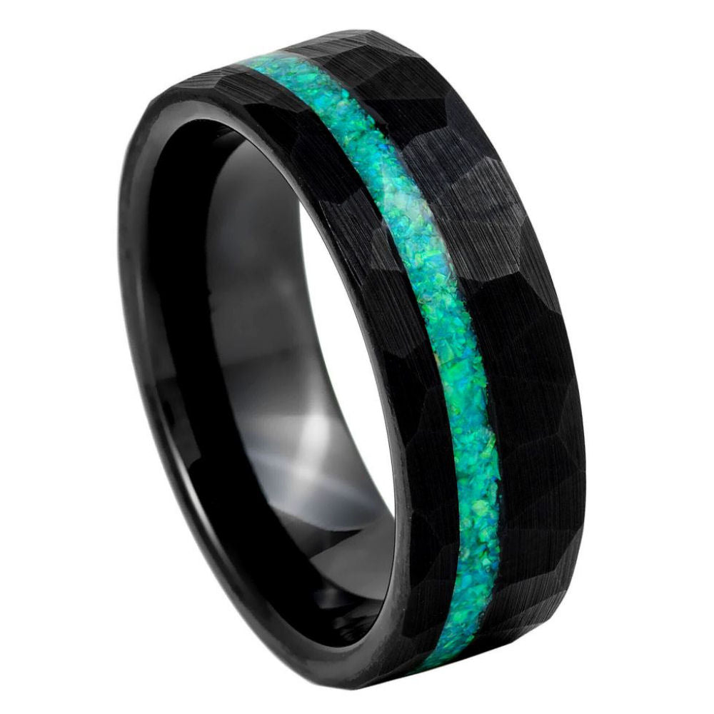 8mm Hammered Black IP Pipe-Cut Ring with Crushed Green Opal Inlay