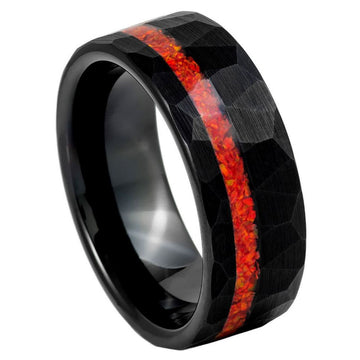 Hammered Black IP Pipe-Cut Ring with Crushed Orange Opal Inlay – 8mm