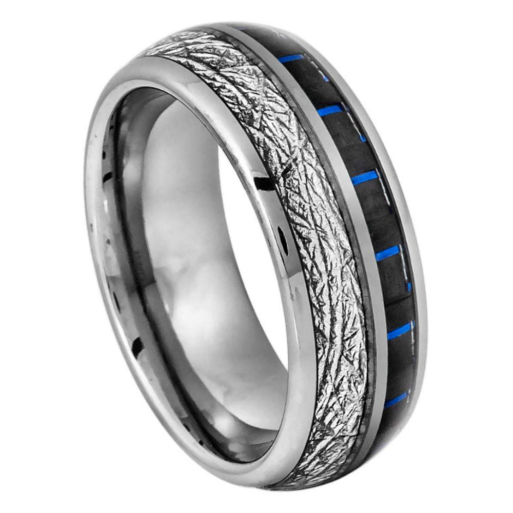 8mm Dome Ring with Imitation Meteorite and Blue Carbon Fiber Inlay