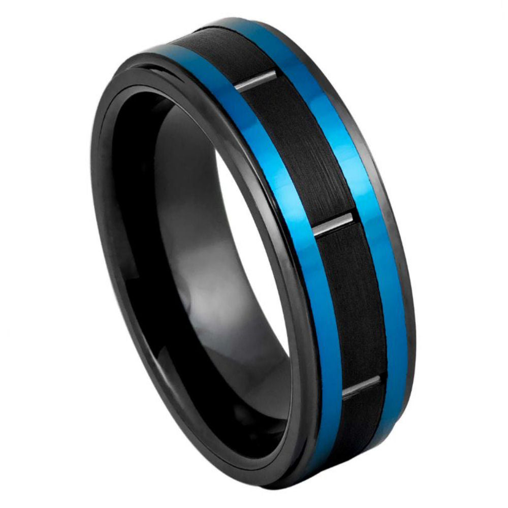 8mm Black IP & Blue IP Plated Ring with Brushed Center