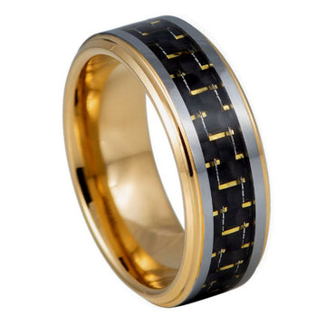 8mm Yellow Gold IP Plated Ring with Black & Yellow Carbon Fiber Inlay
