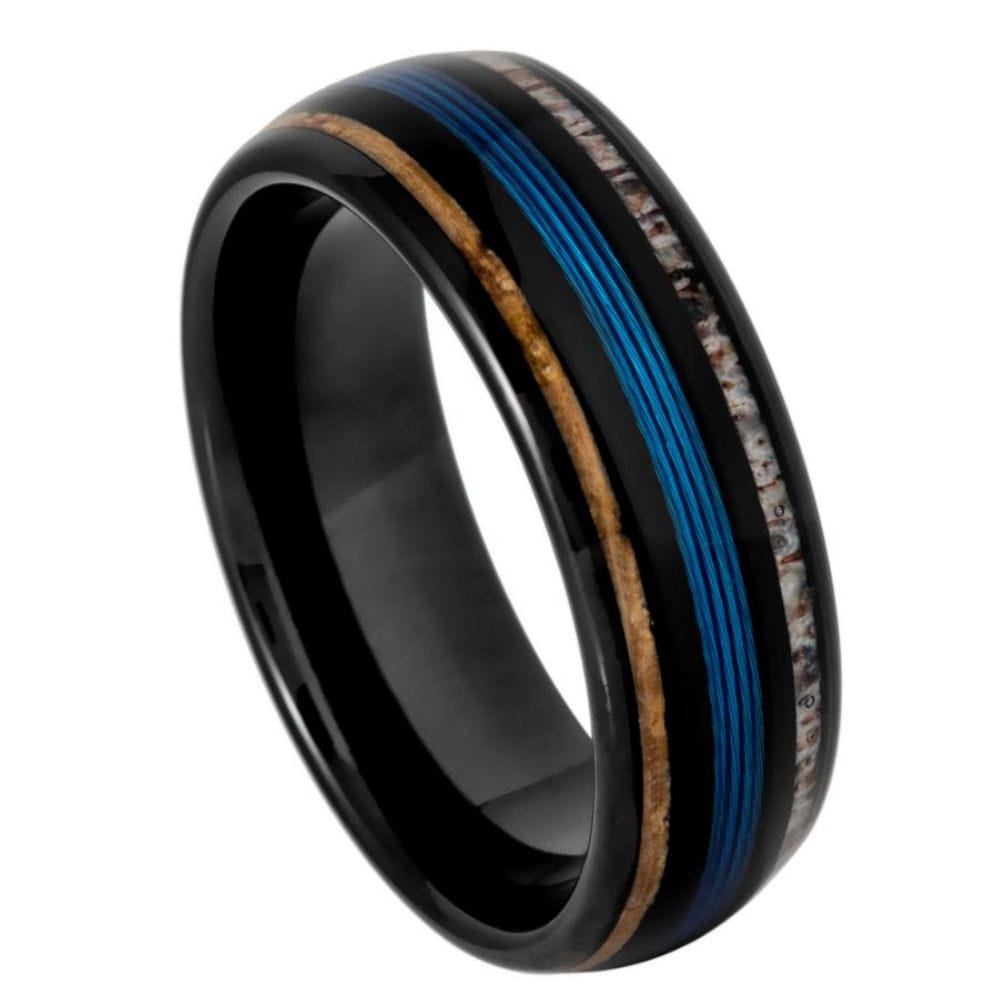 Black IP Domed Ring with Koawood, Blue Wire & Deer Antler Inlays – 8mm