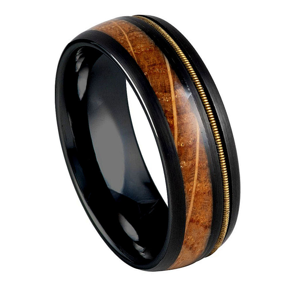 Black IP Whiskey Barrel & Guitar String Inlay Ring – 8mm