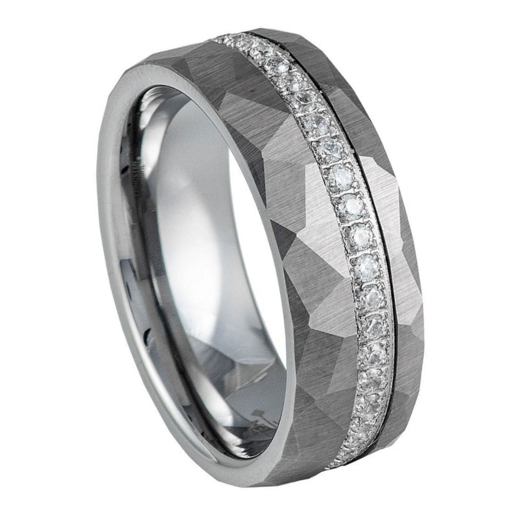 8mm White CZ Eternity Ring with Hammered Finish