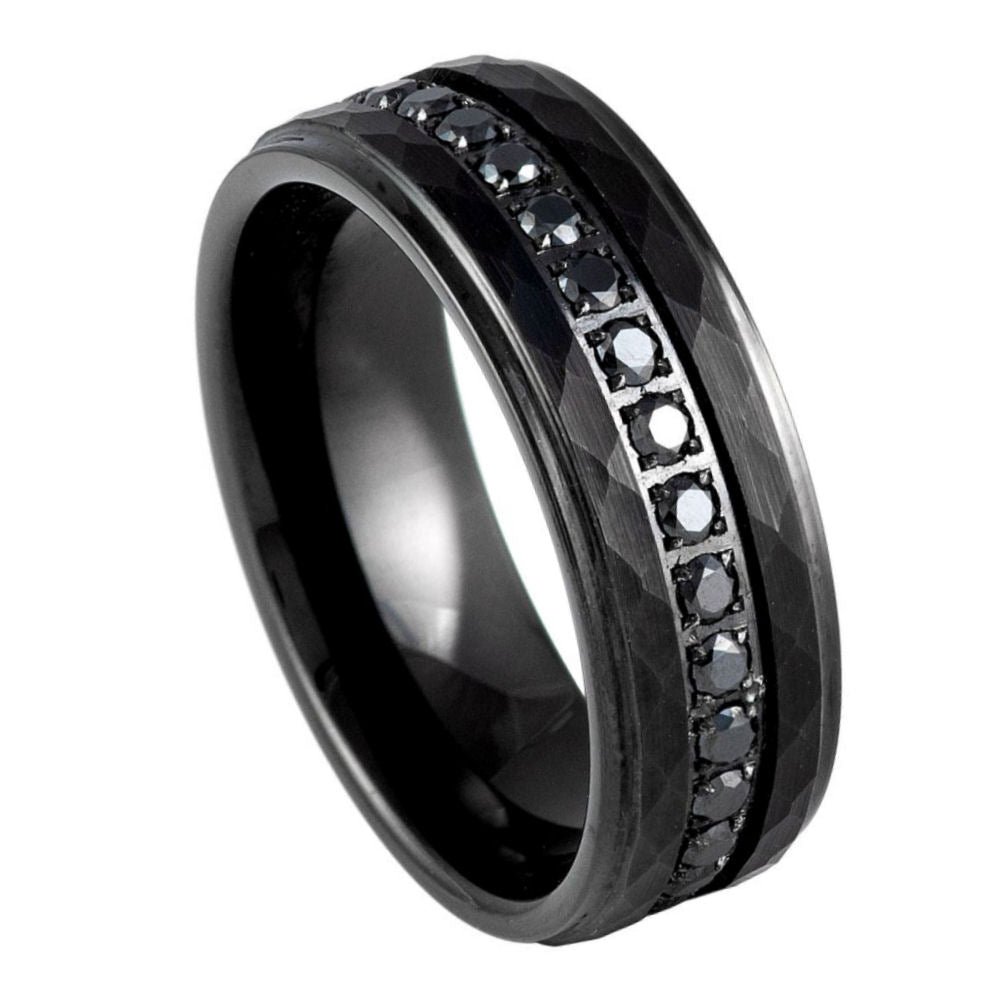 Black CZ Eternity Hammered Black IP Plated Ring - 8mm