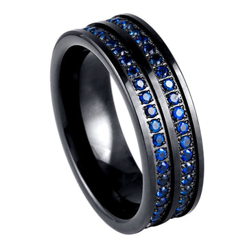 Black IP Plated Double Row Blue CZ Eternity Ring - 8mm