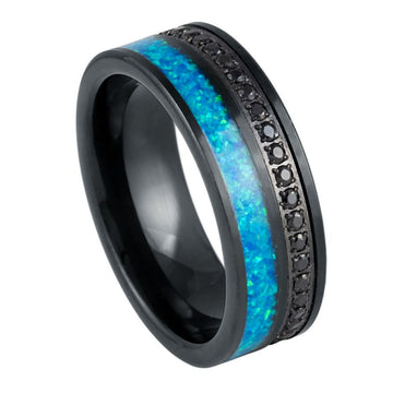 Black IP Plated Opal Inlay Black CZ Eternity Ring – 8mm