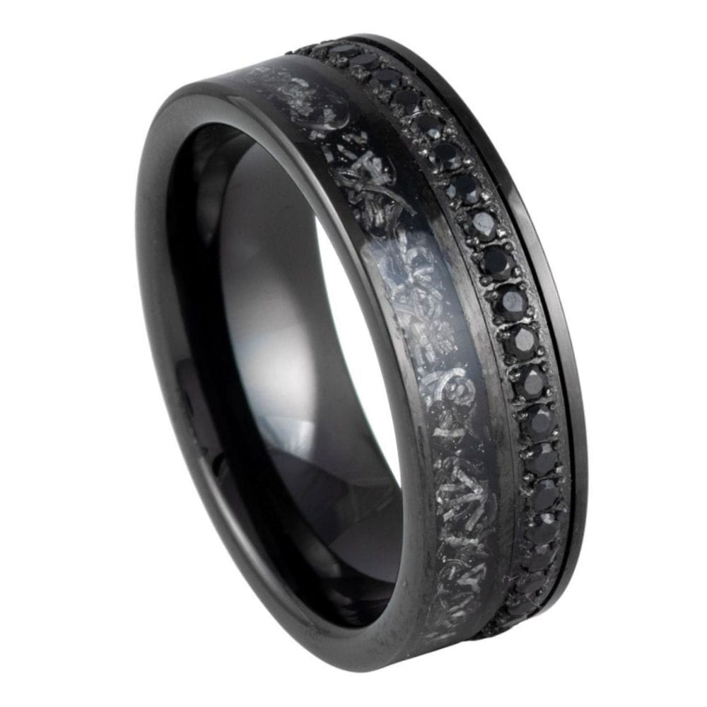 Black IP Plated Black CZ Eternity Titanium Shavings Inlay Ring – 8mm
