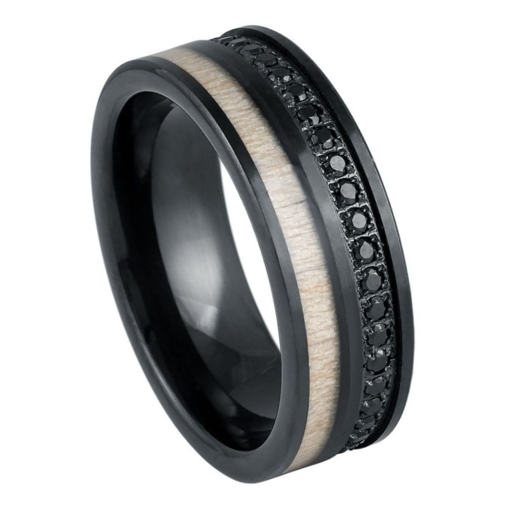 Black IP Plated Black CZ Eternity & White Wood Inlay Ring - 8mm