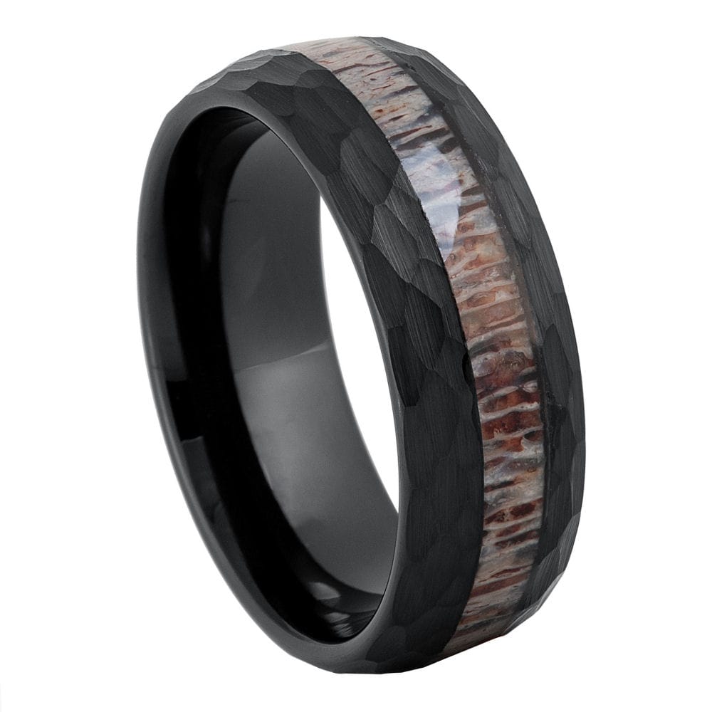 Hammered Black Tungsten Ring with Deer Antler Inlay – 8mm