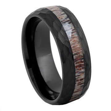Hammered Black Tungsten Ring with Deer Antler Inlay – 8mm