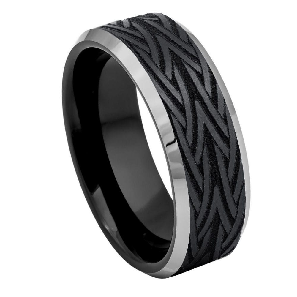 Black IP Tungsten Laser-Engraved Tribal Ring - 8mm