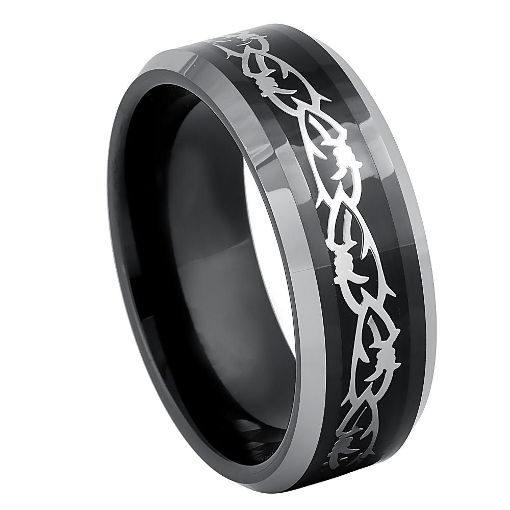 8mm Black Tungsten Ring with Stainless Steel Barbed Wire Inlay