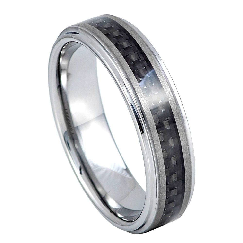 7mm Tungsten Carbide Black Carbon Fiber Inlaid Ring with Brushed Center